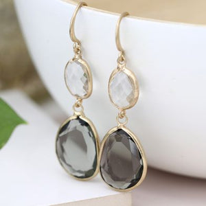 Gold Plated Smoky & Clear Crystal Drop Earrings
