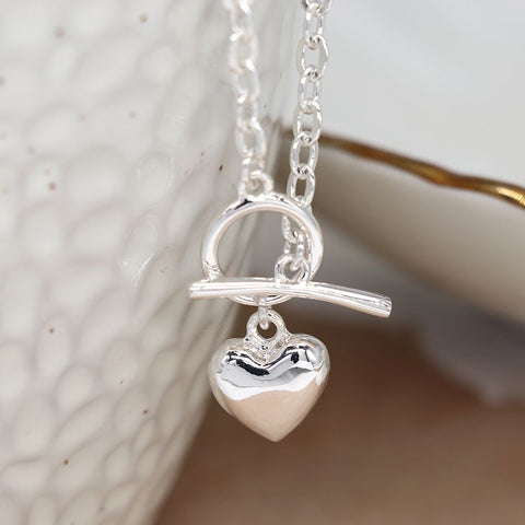 Silver Plated T-Bar Necklace with Heart