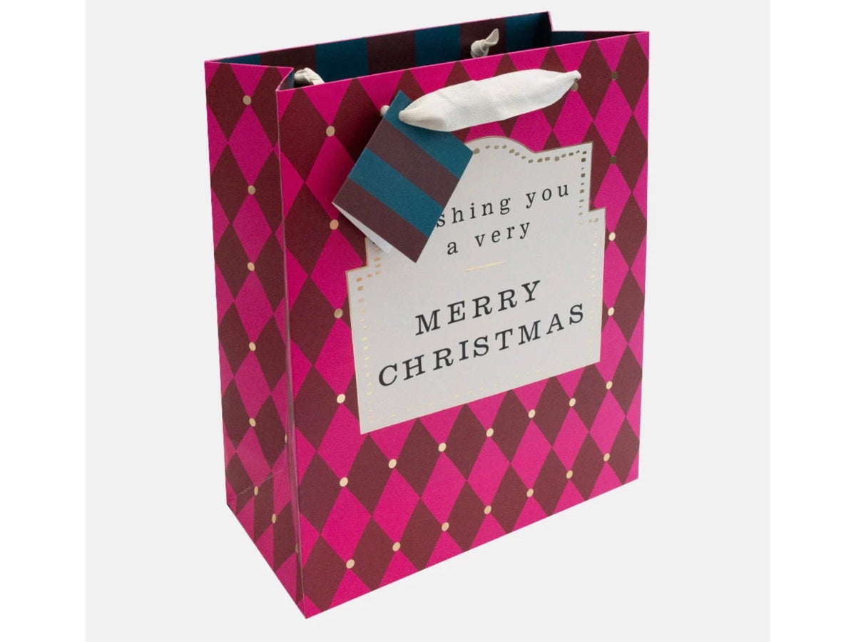 Pink/ Red Harlequin Merry Christmas Banner Large Gift Bag