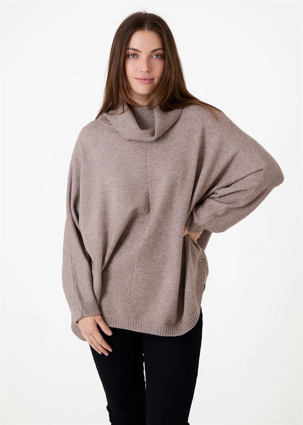 Cashmere Feel Cable Roll Neck Jumper