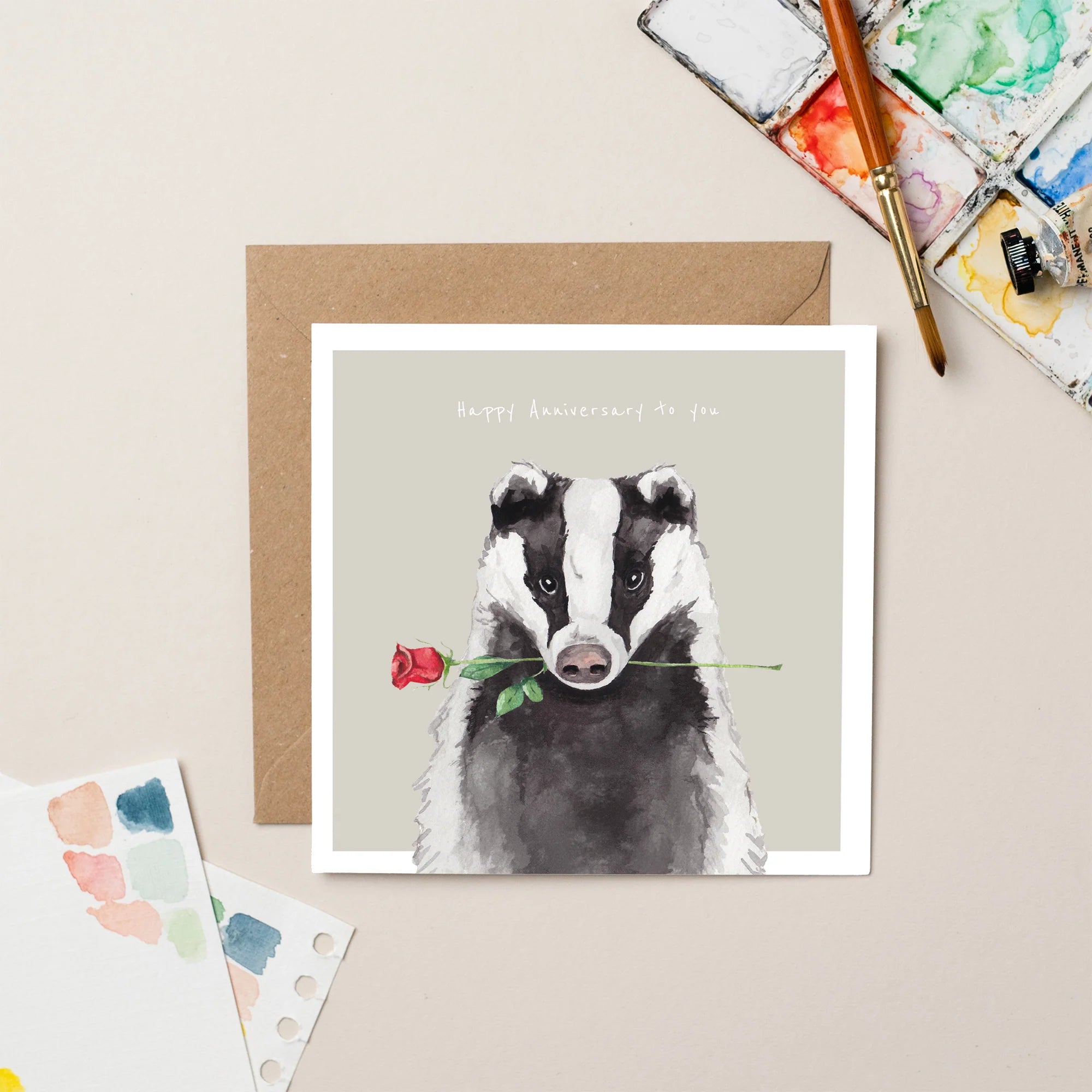 Badger with Rose Anniversary Card