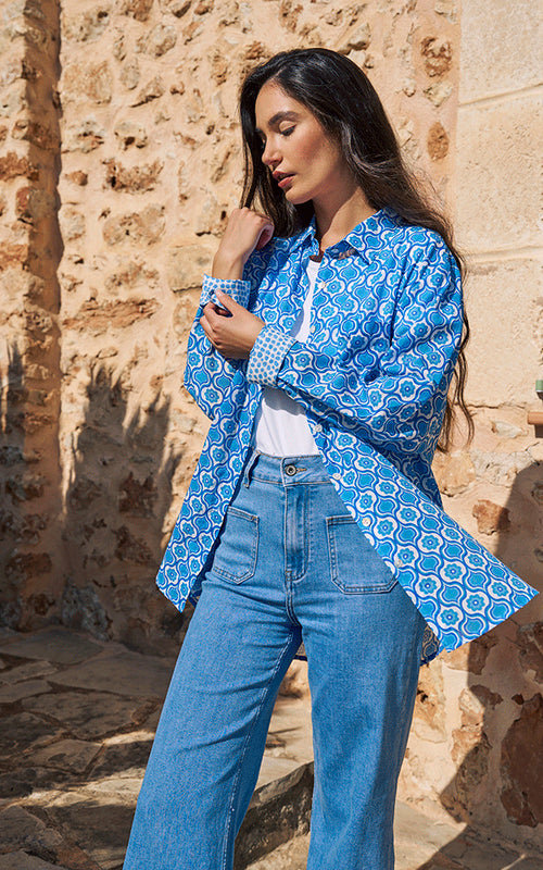 Dieppe Cotton Shirt Printed Pattern Blue