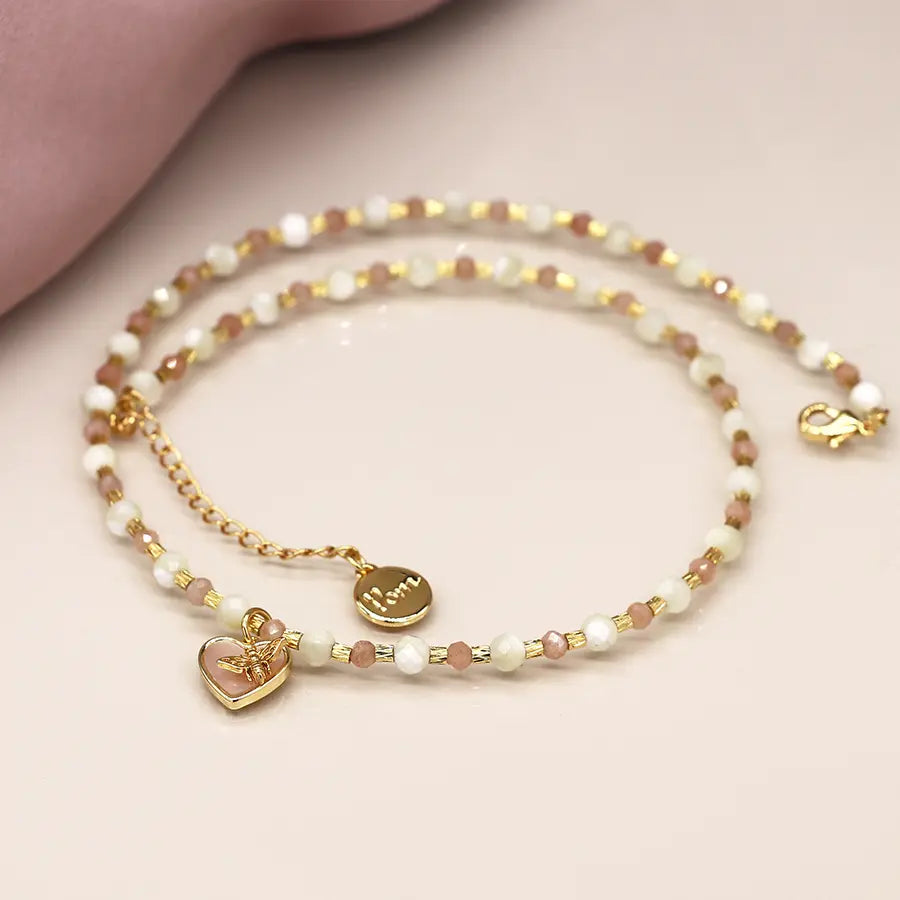 Semi Precious Pink Mix Bead Necklace with Heart and Bee Charm