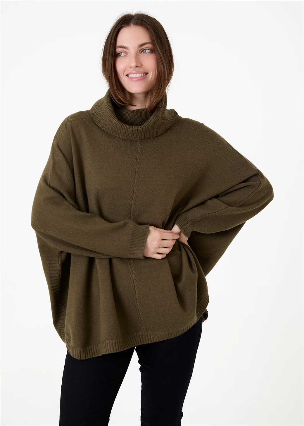 Cashmere Feel Cable Roll Neck Jumper