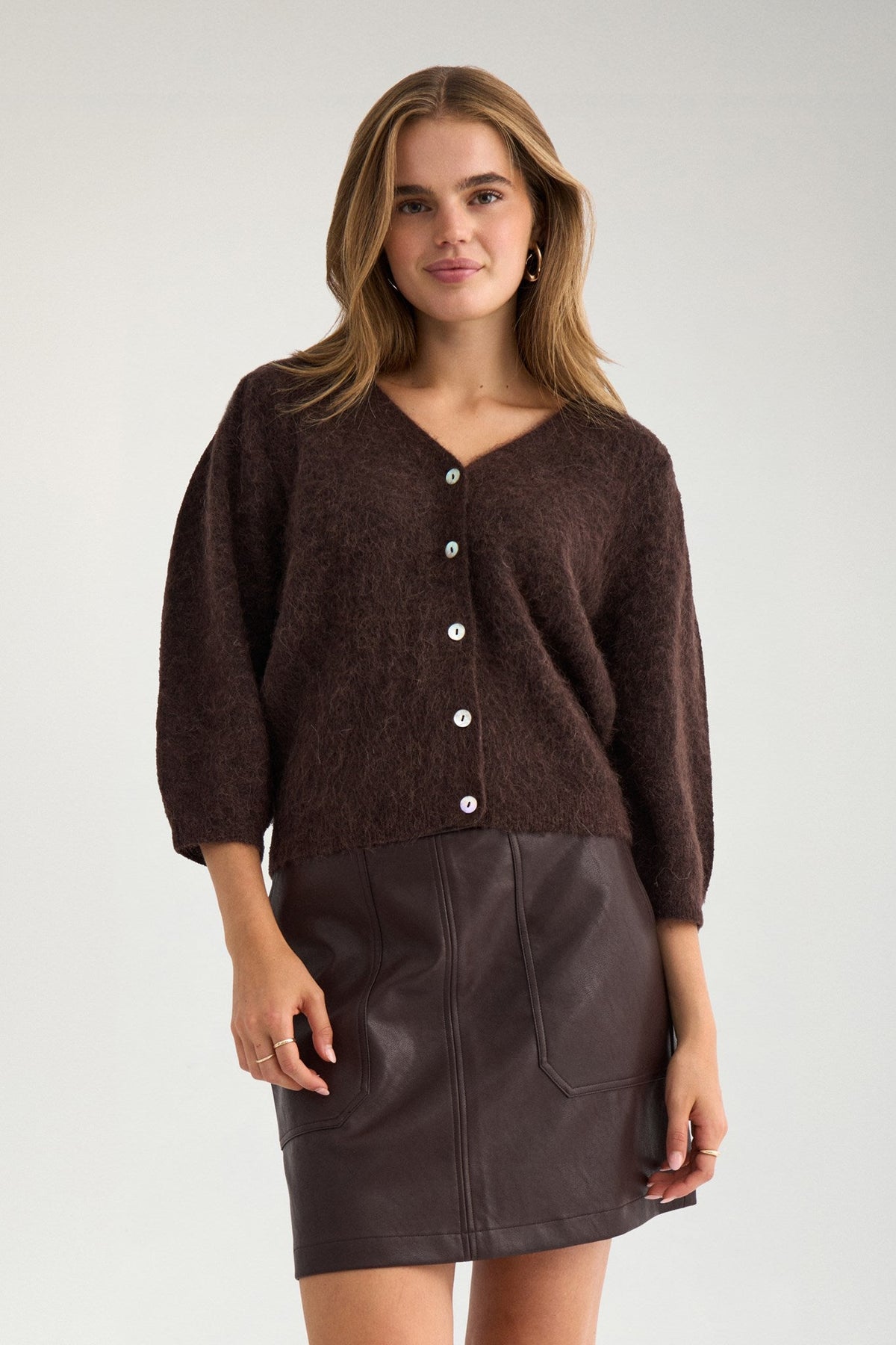 Nusuri Brushed Short Sleeved Cardigan - Chocolate Plum