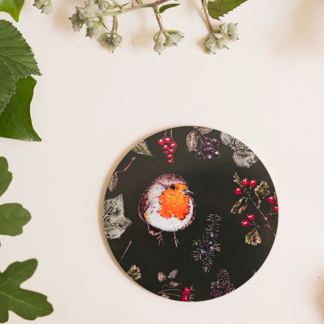 Hedgerow Robin (Green) Round  Coaster