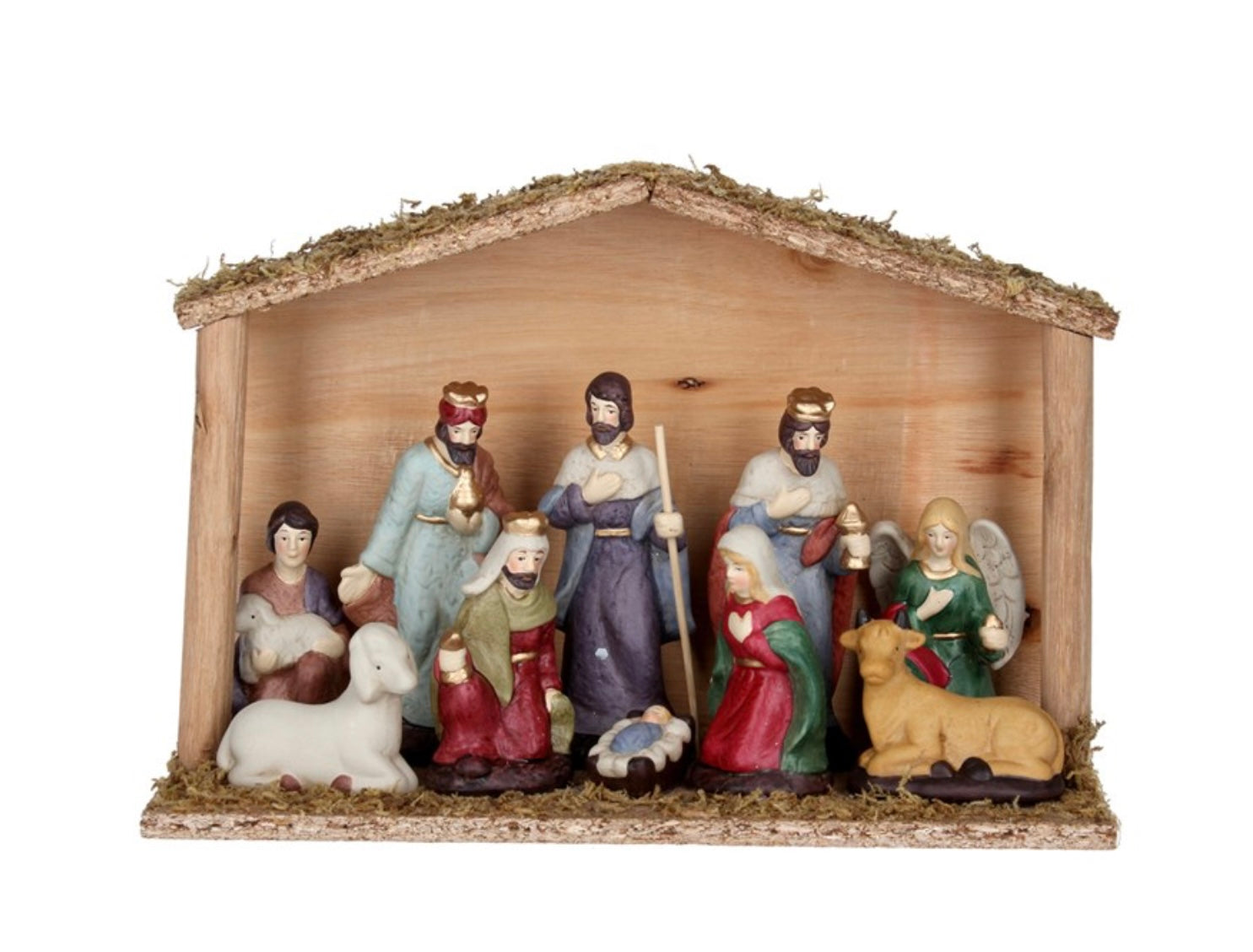 Set of 11 Ceramic Nativity Set with Wood Stable