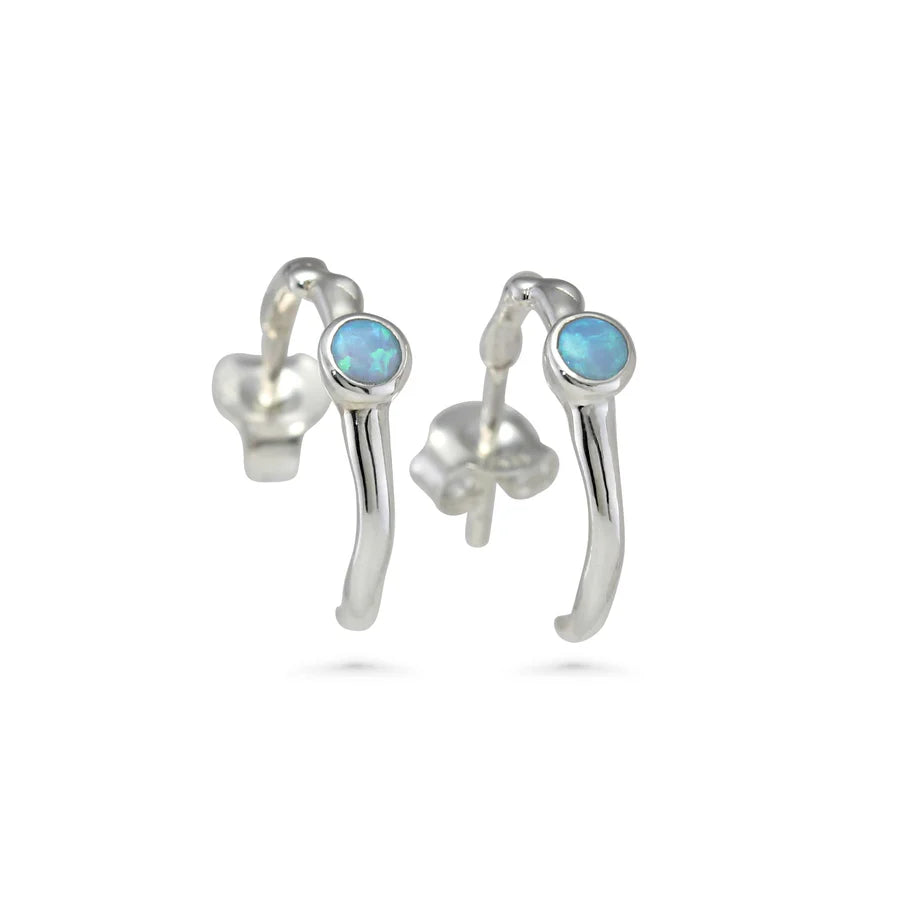 Blue,Opal,Silver,Huggie Hoop Earrings