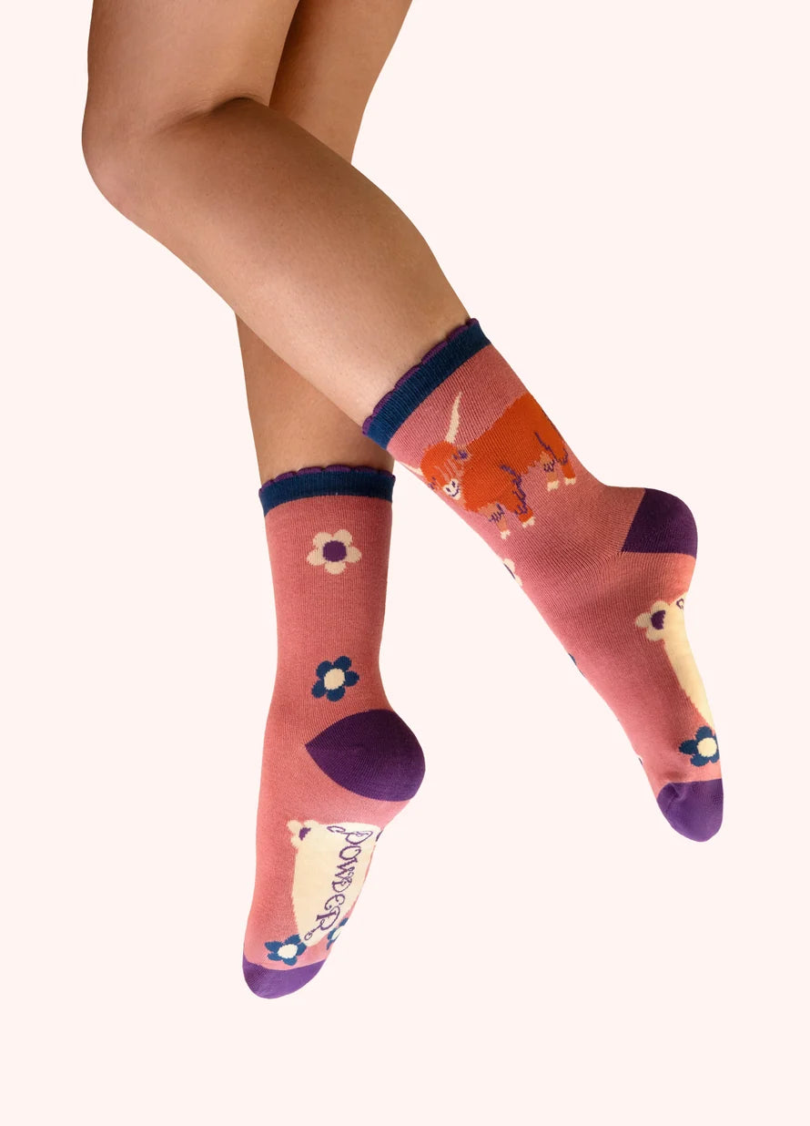 Highland Cow Pink Ankle Socks