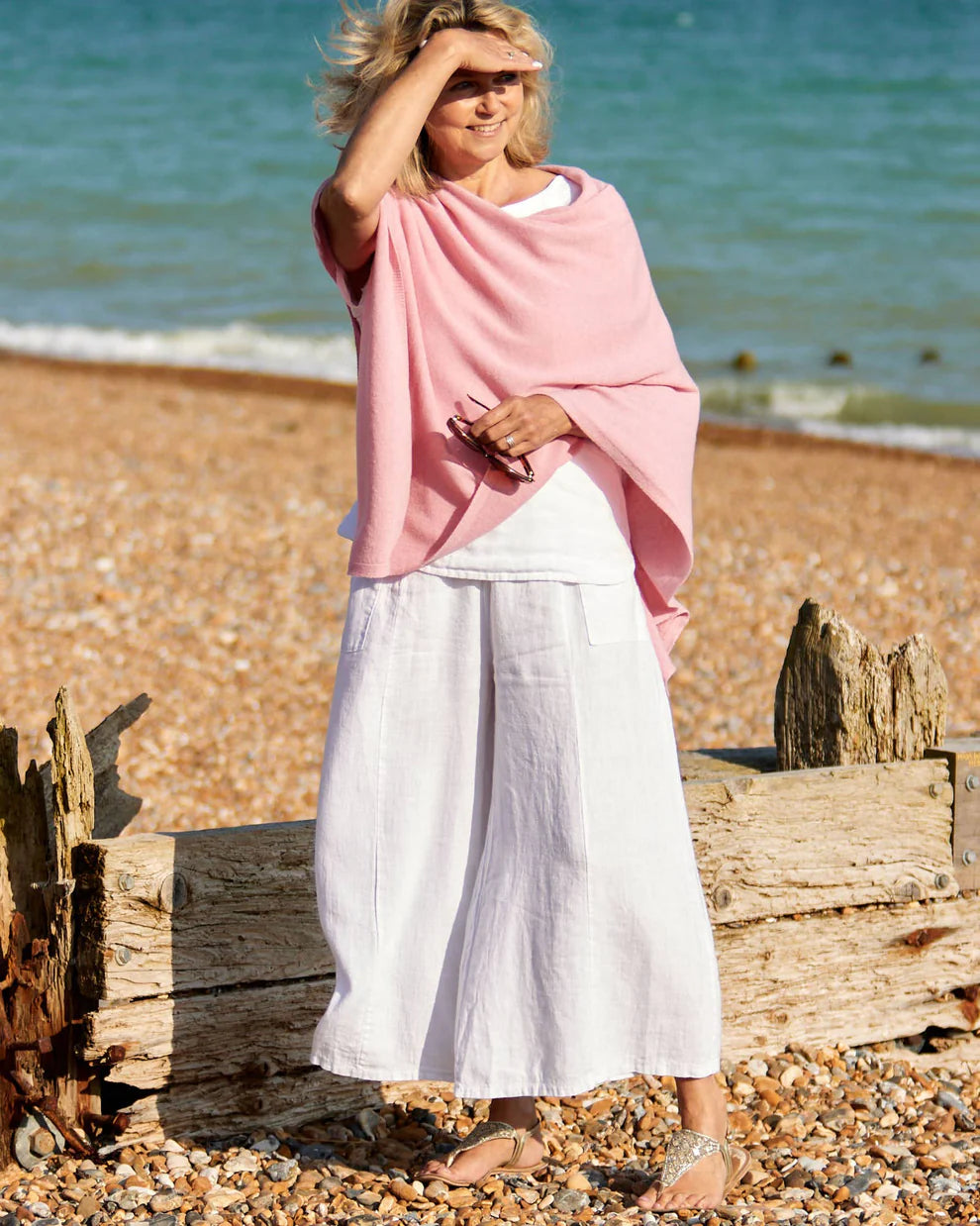 Linen Flared Trousers with Tie Belt - White