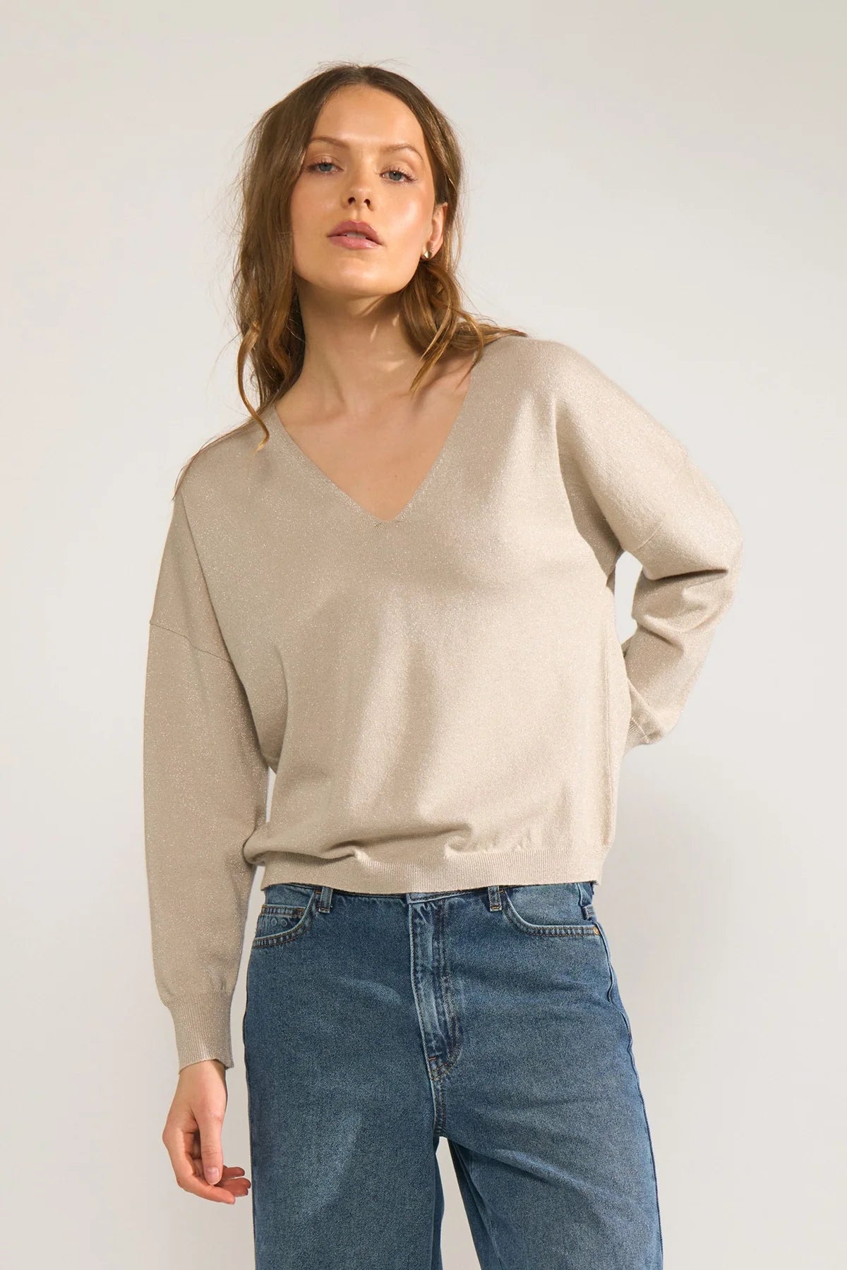 Nudayletta Lurex V Neck Pullover  707060 - 9509 Whitecap Gray