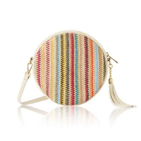 Round Leather Handbag - Cream with Stripes