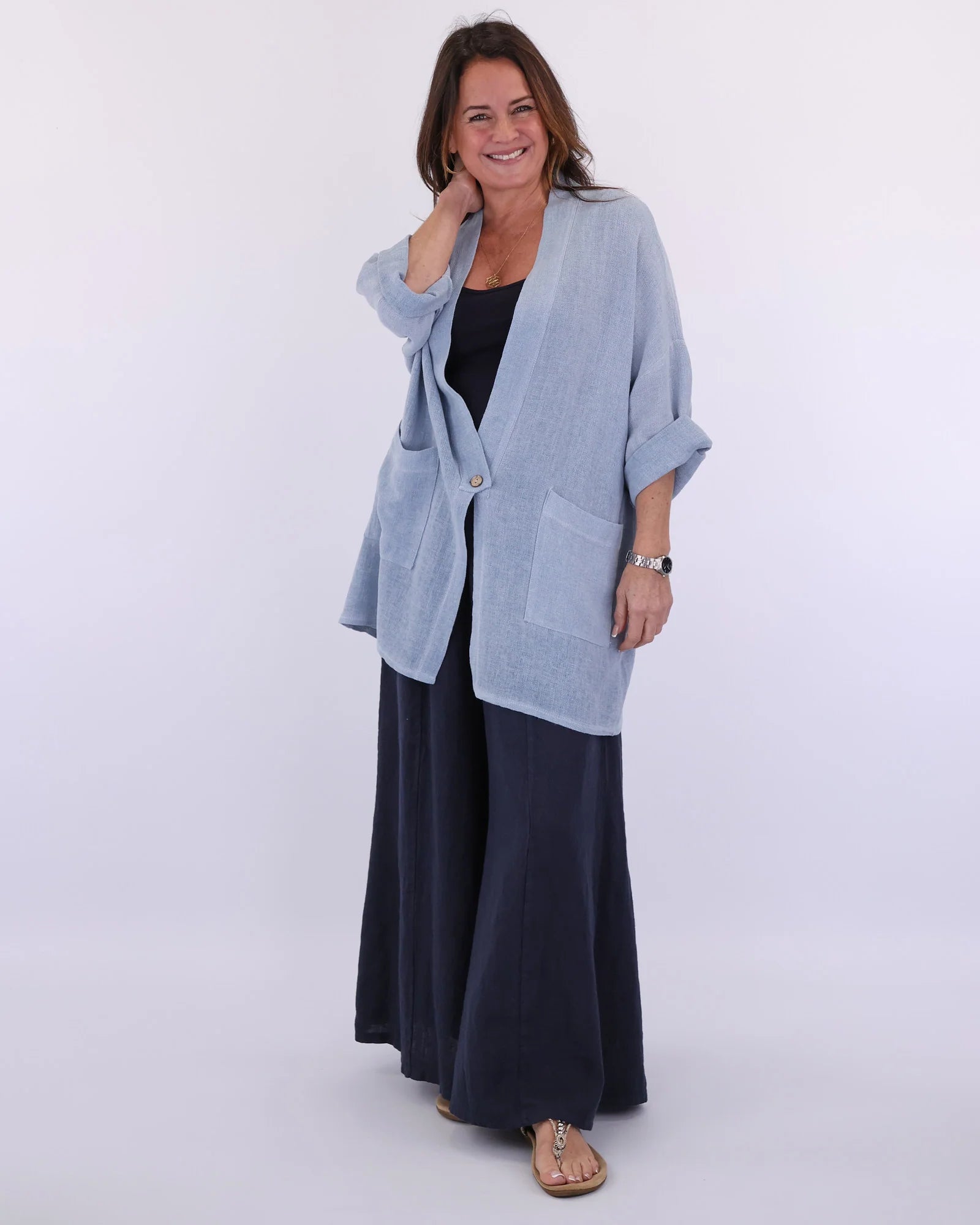 Linen and Cotton Blend Kimono-Denim