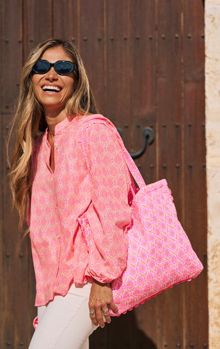 Bergerac Long Sleeve Blouse Printed Pattern - Neon Pink/Orange