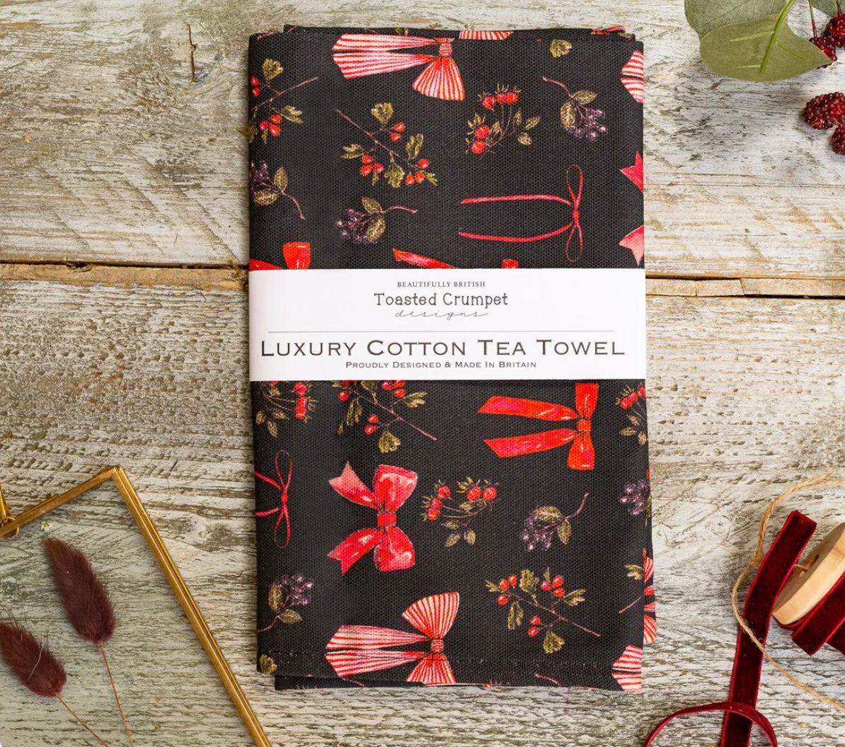 Tea Towel - Bows & Berries Noir