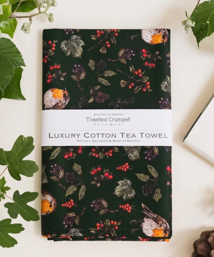 Hedgerow Robin (Green) Tea Towel