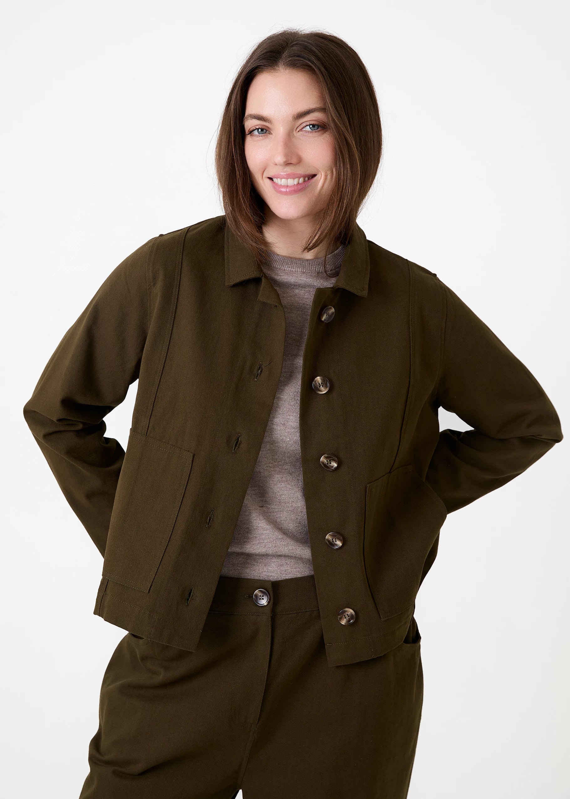Boxy Cotton Twill Jacket - Khaki