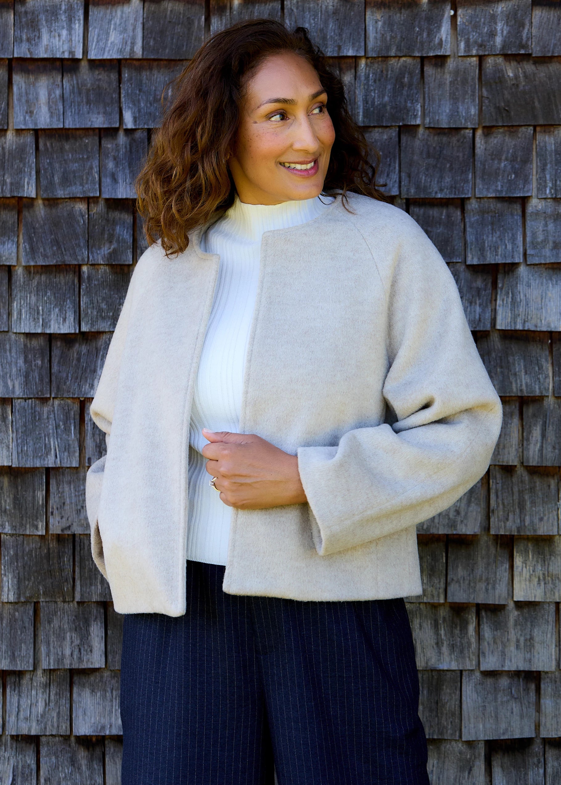 Wool Blend Boxy Raglan Jacket - Stone