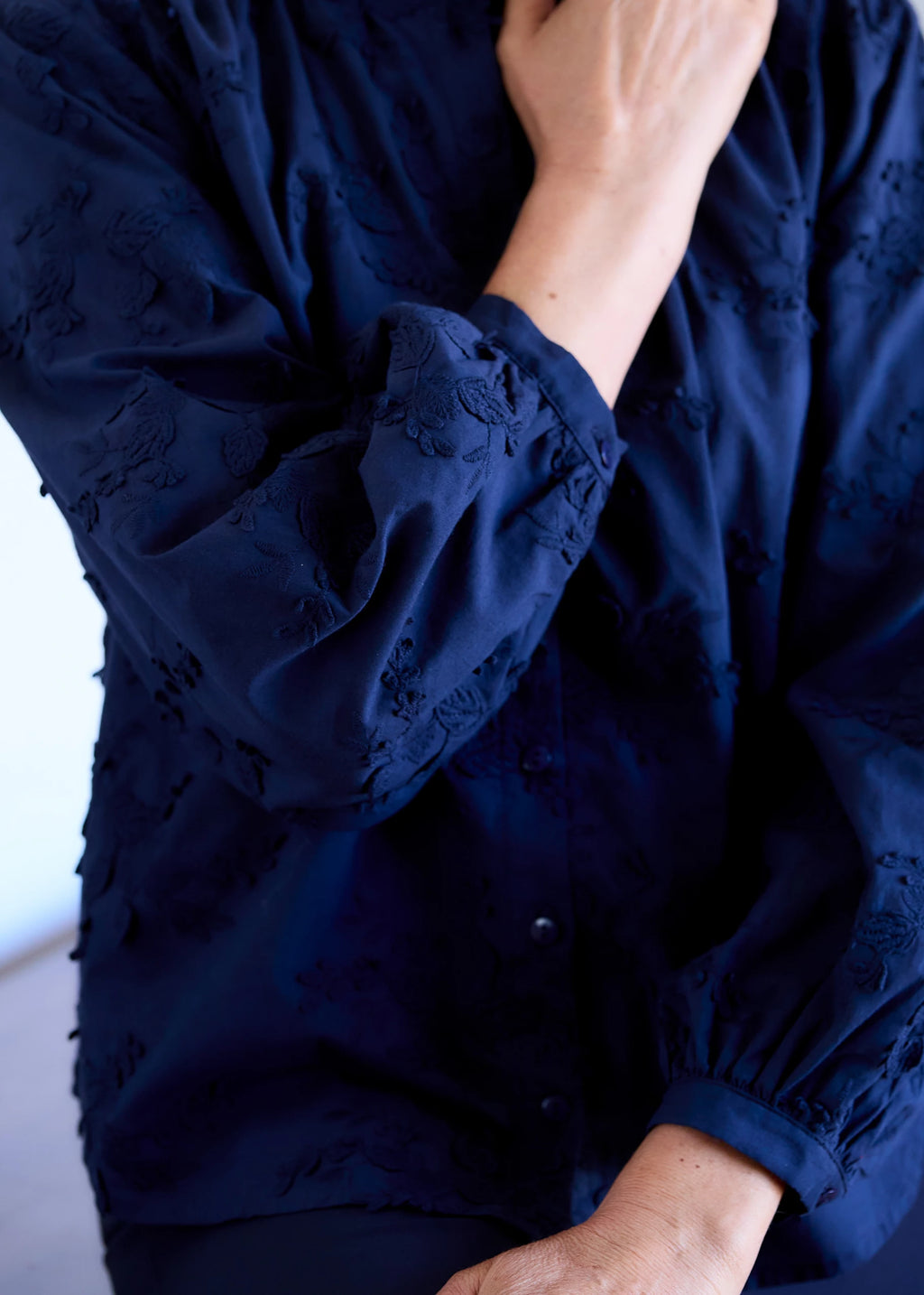 Floral Appliqué Button Through Blouse - Navy