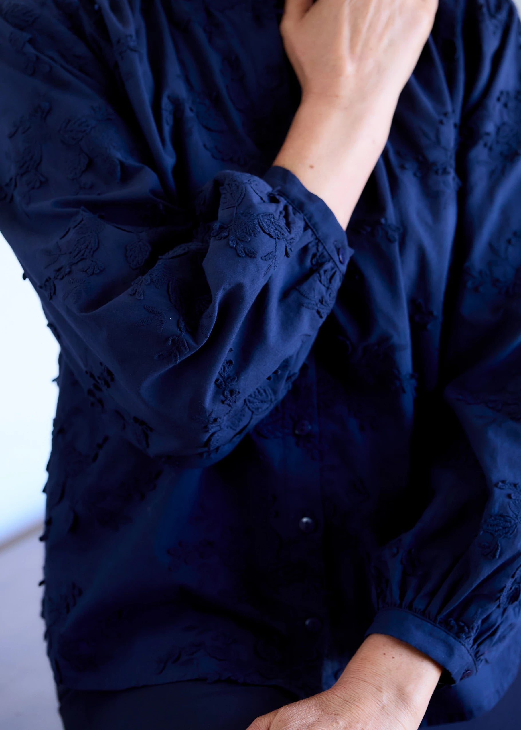 Floral Appliqué Button Through Blouse - Navy