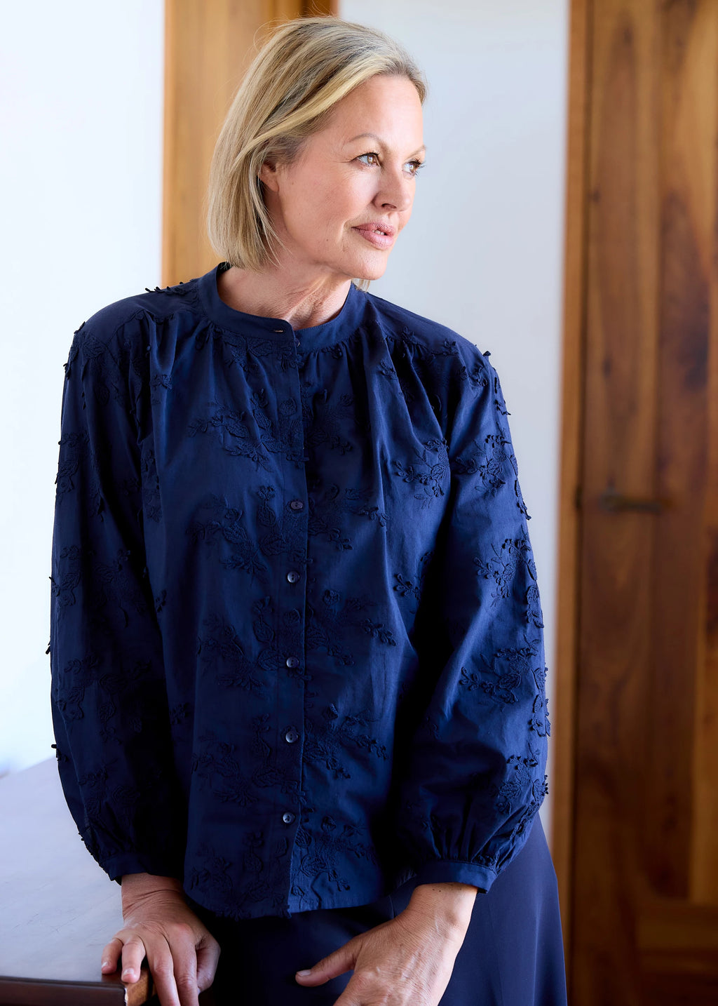Floral Appliqué Button Through Blouse - Navy