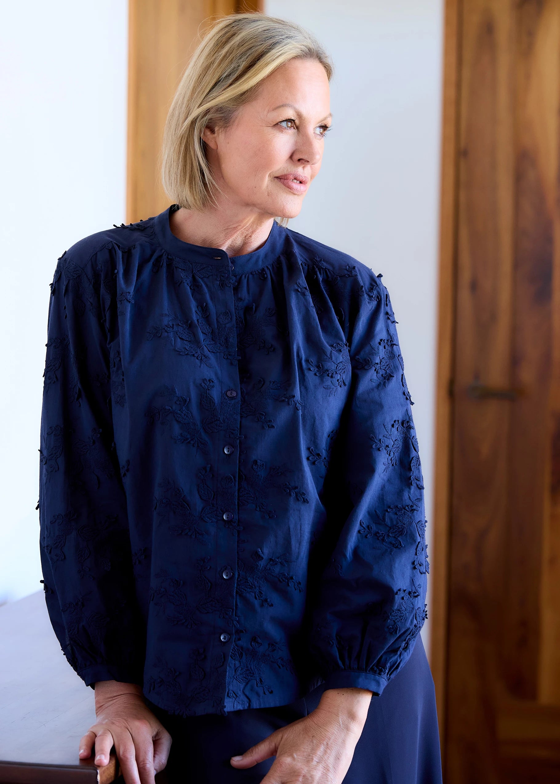 Floral Appliqué Button Through Blouse - Navy