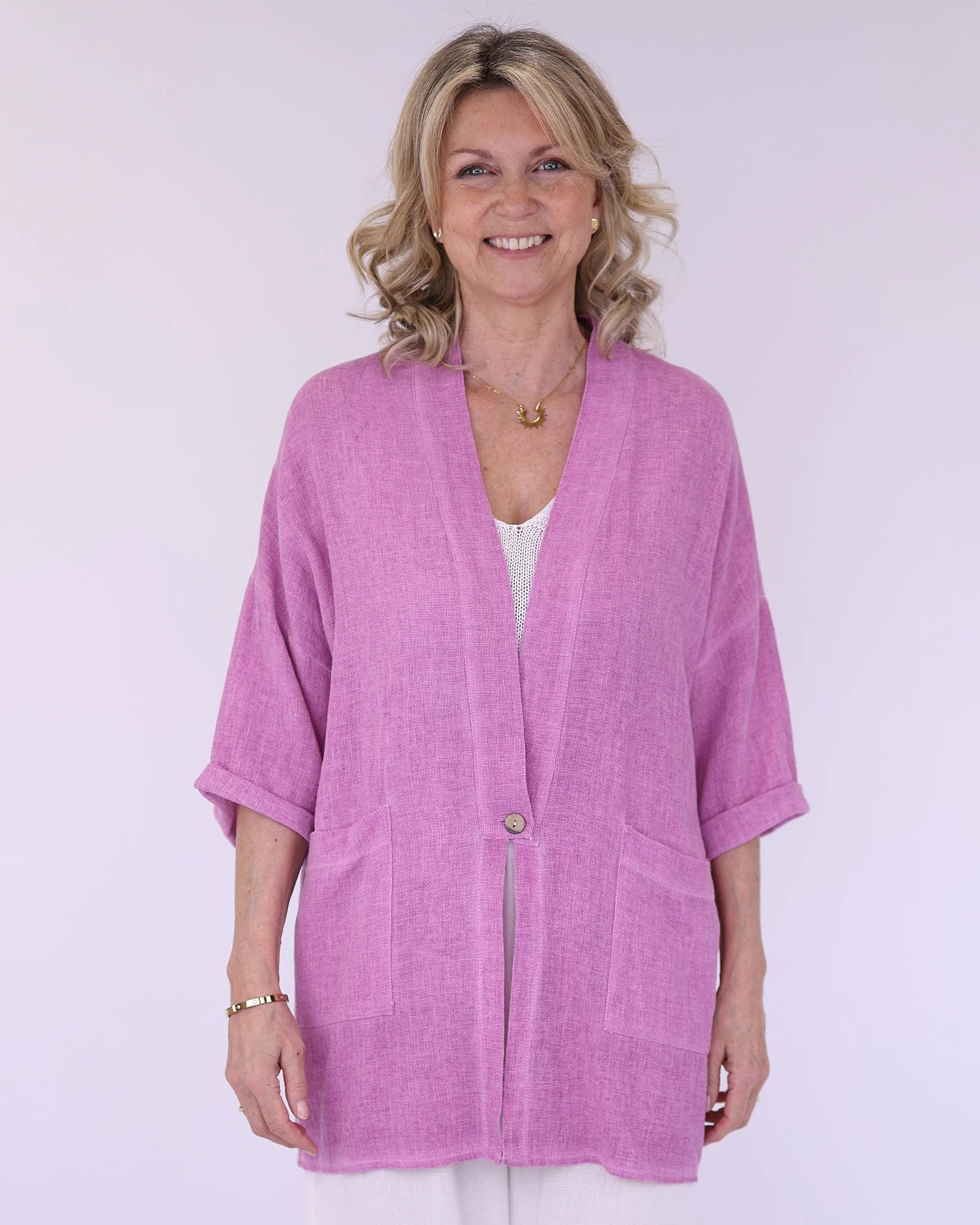 Linen and Cotton Blend Kimono-Orchid
