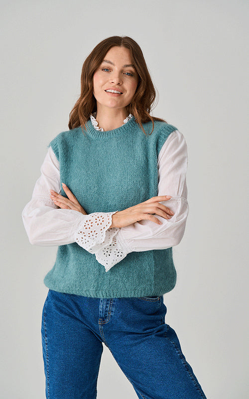 Carmel Mohair Knit Round Neck Tank Top - Duck Egg