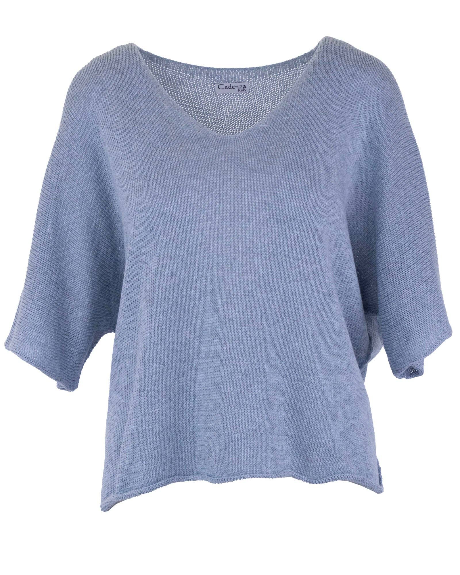 Cotton Blend V Neck Tunic Top - Ice Blue