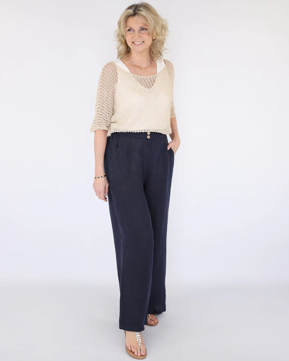 Wide Straight Leg Linen Trousers - Navy