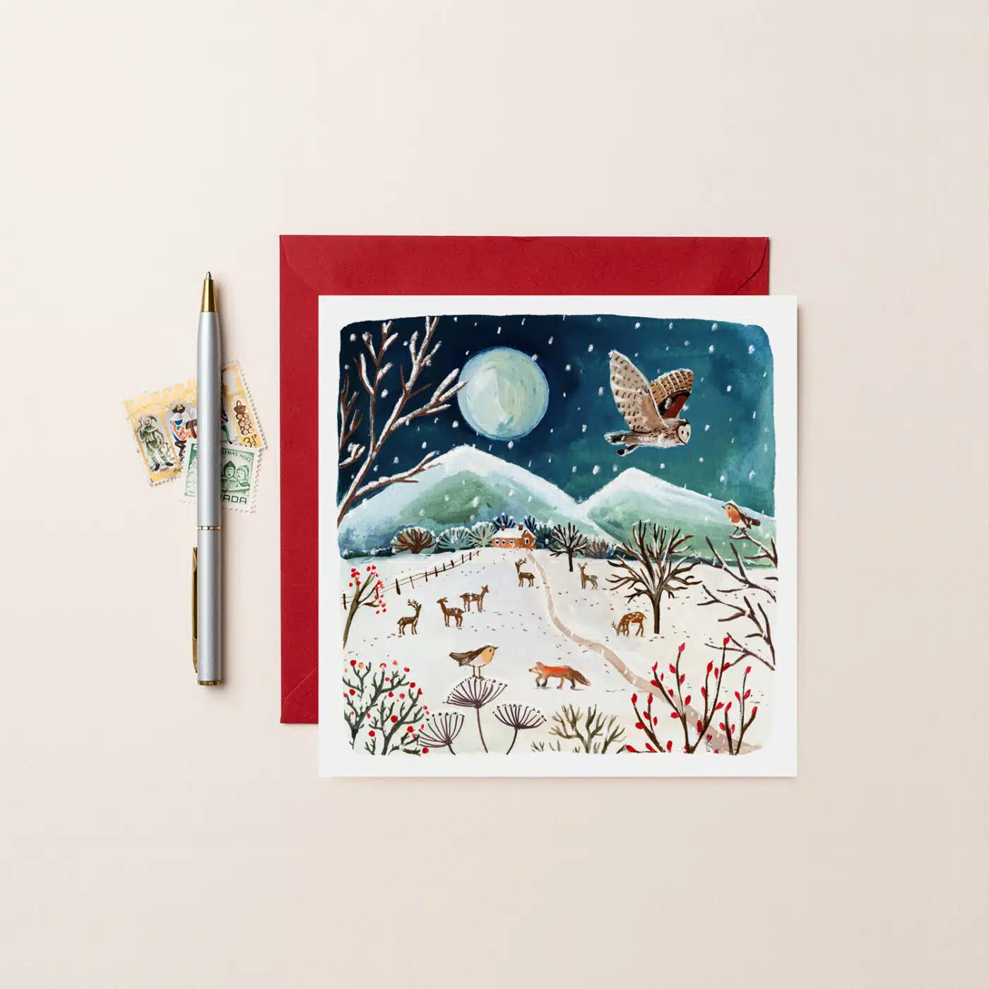 Deer,fox and owl scene