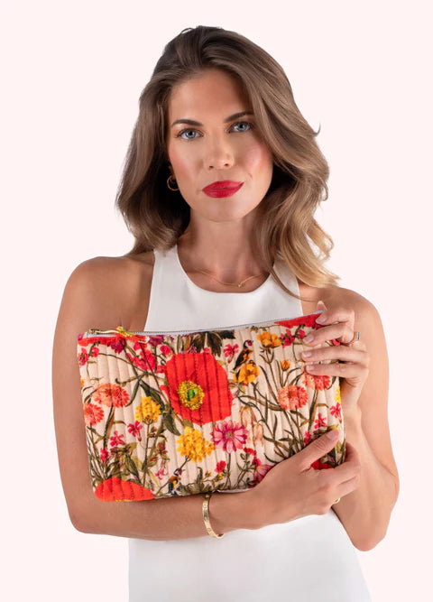 Velvet Zip Pouch - Fine Flowers Cream