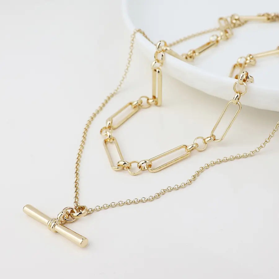 Gold Plated Layered Chain & T-Bar Necklace
