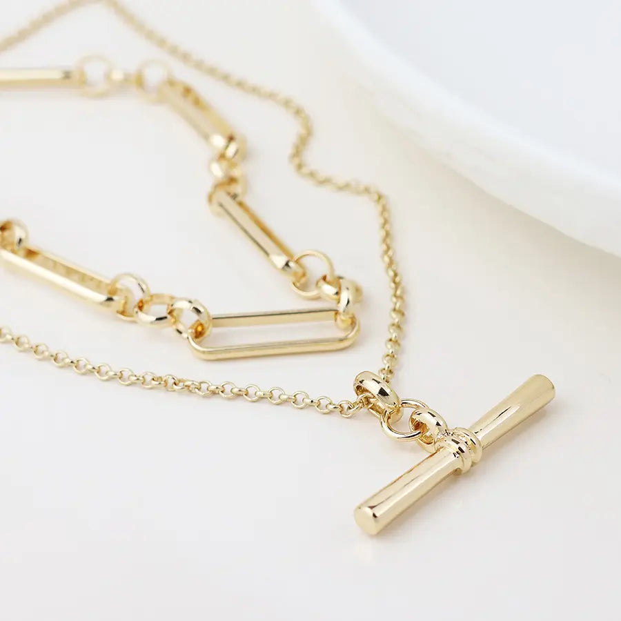 Gold Plated Layered Chain & T-Bar Necklace