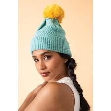 Ingrid Pompom Hat - Aqua/Mustard