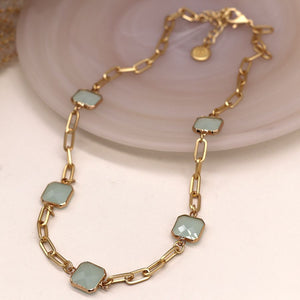 Gold Textured Necklace with Aqua Stone