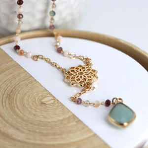 Gold Chain & Bead Necklace with Mandala & Aqua Crystal