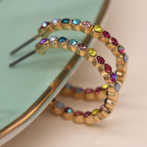 Faux Gold Plated Multicoloured Crystal Open Hoop Earrings