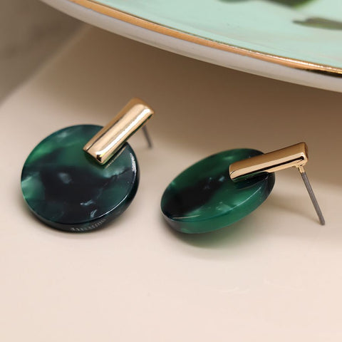 Green Malachite Resin Disc Earrings with Gold Top
