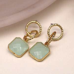 Gold Textured Hoops with Aqua Stone