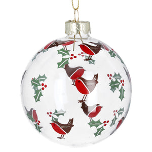 Clear Glass Ball with Robins and Holly