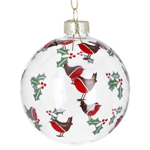 Clear Glass Ball with Robins and Holly
