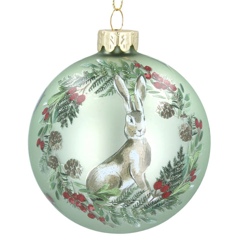 Pale Green Glass Ball with a Hare and Fir/Berry Ring