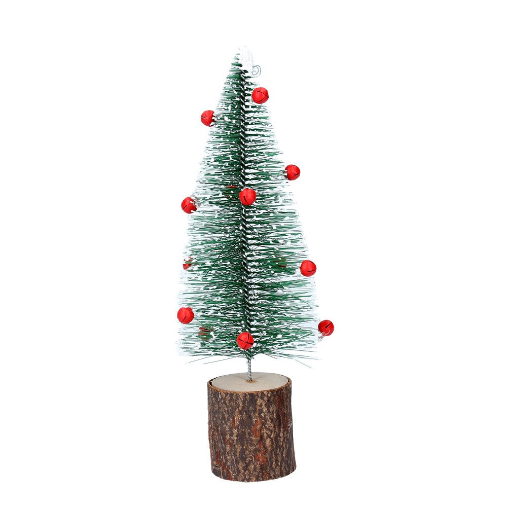 Green Bristle Tree with Red Bells on Log Ornament