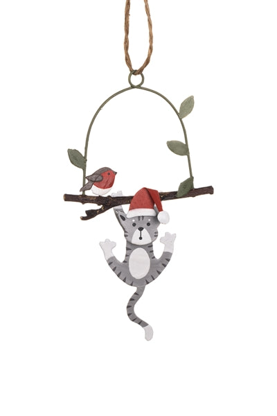 Cat Swinging on Branch