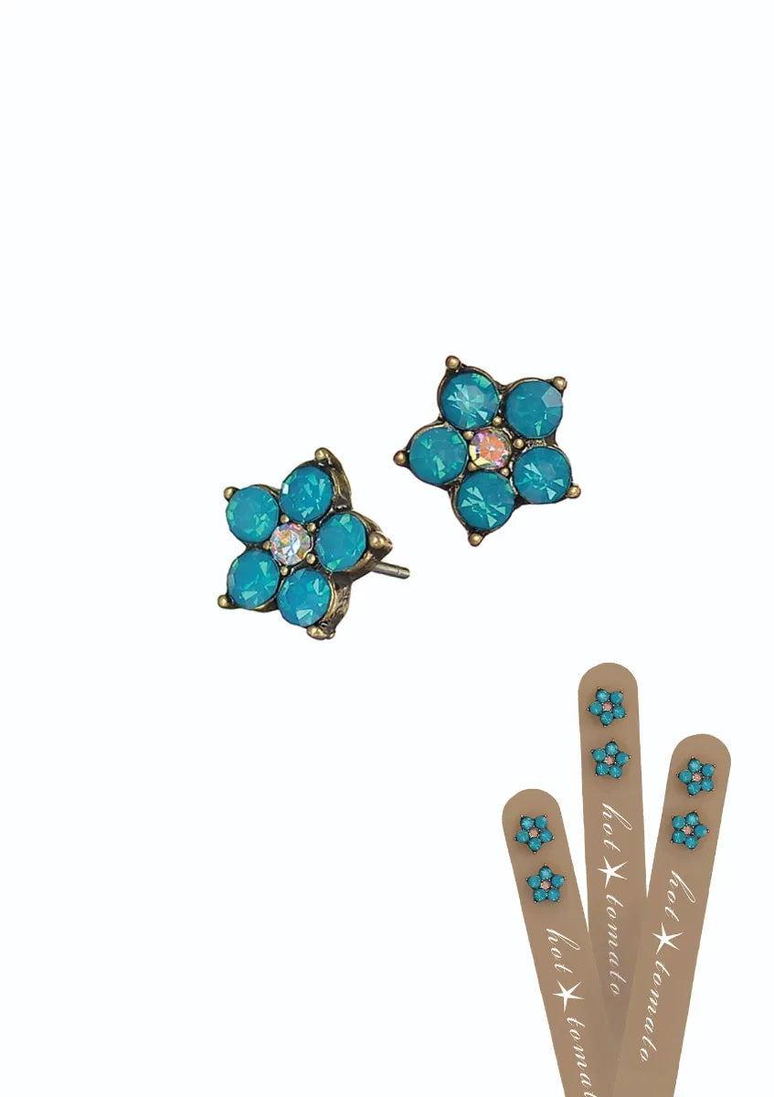 Five Petal Floral Studs - Old Gold/Caribbean Blue Opal/AB