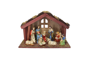 cadeauxwells - Set of 11Ceramic Nativity Set with Wood Stable - Gisela Graham - Seasonal