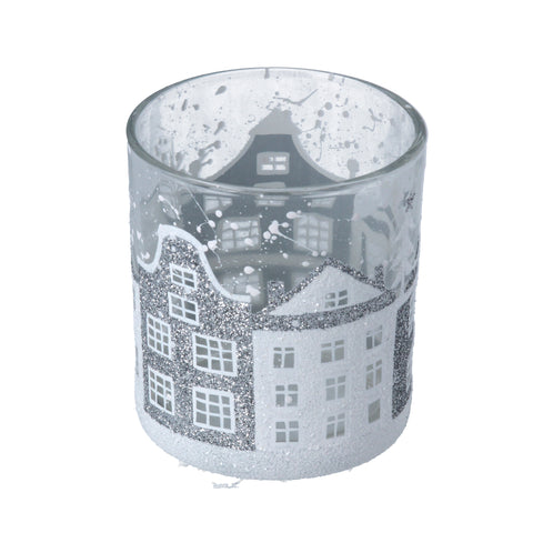 Clear Glass Night Light Pot with Silver/White Houses