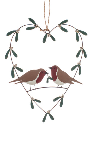 Rust Heart with Mistletoe and Robins