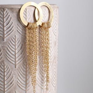 Gold Plated Circle Stud And Multi Chain Drop Earrings